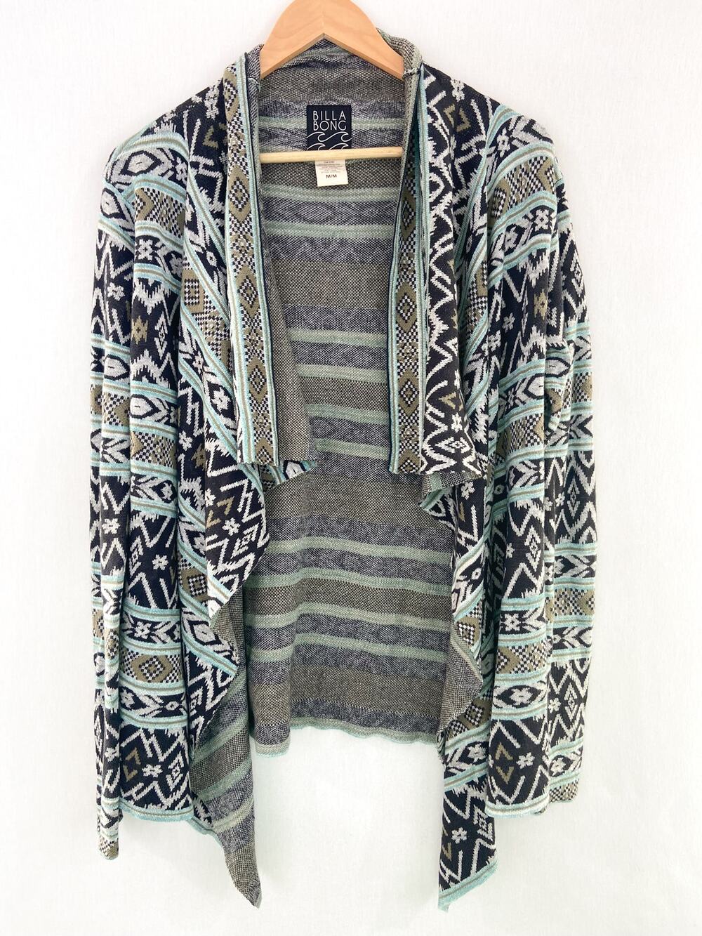 Billabong Teal Knit Waterfall Cardigan Sweater Medium Aztec Southwestern - Picture 1 of 6